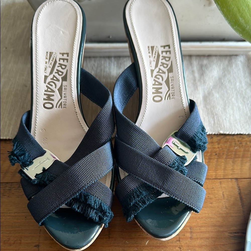 Salvatore Ferragamo Blue Mules with Crisscross Straps